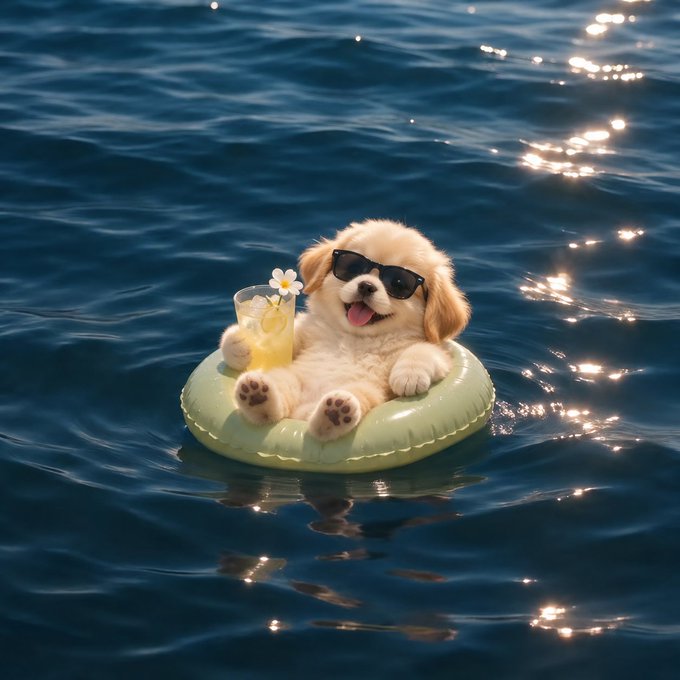 An adorable small fluffy puppy wearing black sunglasses, floating in a light green swim ring in the ocean while holding a glass of lemonade garnished with a flower.