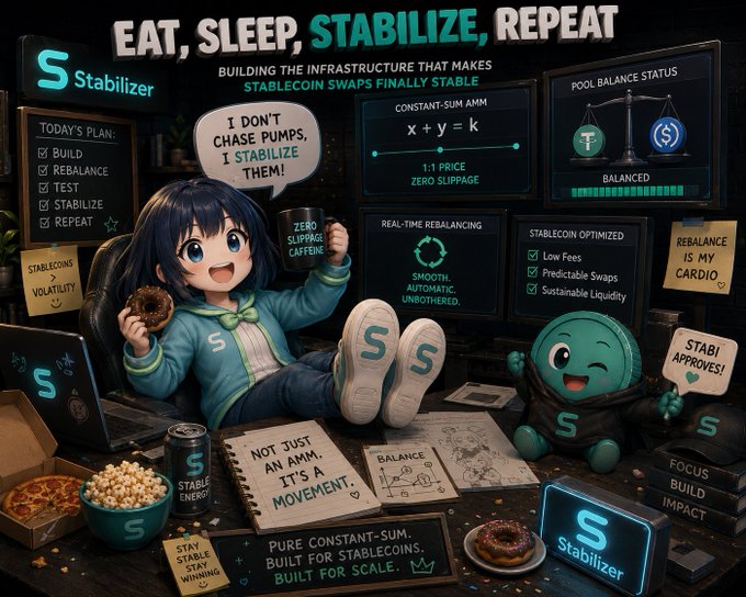 A cartoon promotional image for 'Stabilizer' featuring an anime-style character with the slogan 'EAT, SLEEP, STABILIZE, REPEAT' and details about building infrastructure for stablecoin swaps, including constant-sum AMM and real-time rebalancing.