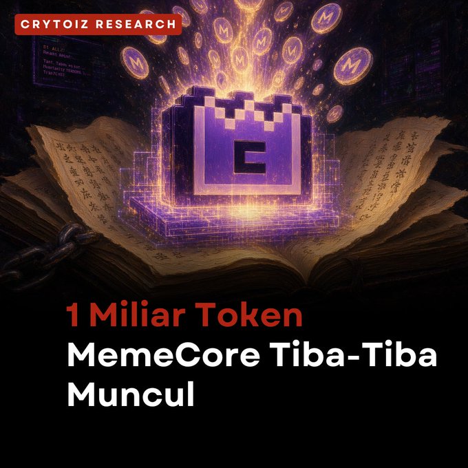 Crypto news graphic from 'CRYTOIZ RESEARCH' with the headline '1 Miliar Token MemeCore Tiba-Tiba Muncul', featuring a glowing purple pixel-art 'M' logo emerging from an ancient book with gold coins.