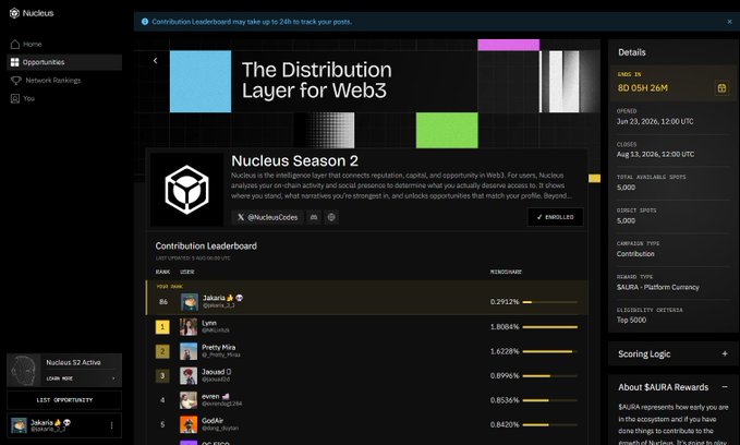 A dark-themed web interface for 'Nucleus Season 2' showing 'The Distribution Layer for Web3' with a contribution leaderboard listing user scores, alongside details like SAURA rewards and SALVIA token information.