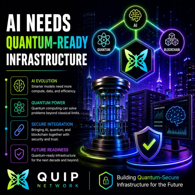 A promotional graphic for 'QUIP NETWORK' with the tagline 'AI NEEDS QUANTUM-READY INFRASTRUCTURE', highlighting AI, Quantum, and Blockchain integration.