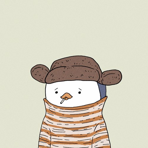 An illustration of a sad-looking bird-like character wearing a brown furry hat with ear flaps and an orange striped sweater against a pale background.