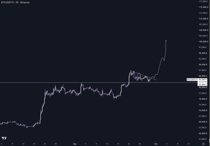 A BTCUSDT.P 5-hour candlestick chart from Binance showing Bitcoin's price action recovering from the mid-$60,000s, breaking above a horizontal level around $83,500, and forming a bull flag pattern near $85,000-$87,000 with a sharp upward wick reaching above $100,000. The chart visually illustrates the technical setup described in the post, where price has swept prior highs and is consolidating in a flag formation that suggests the next leg higher is imminent.