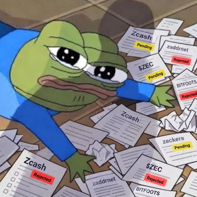 A crying Pepe the Frog meme is edited to be surrounded by numerous papers labeled 'Zcash', '$ZEC', 'zaddrnet', 'BITFOOTS', and 'zeckers' with red 'Rejected' and yellow 'Pending' stickers.
