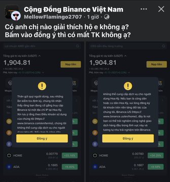 A Facebook post from 'Cộng Đồng Binance Việt Nam' warning about a phishing scam targeting Binance accounts, showing fake login screens.