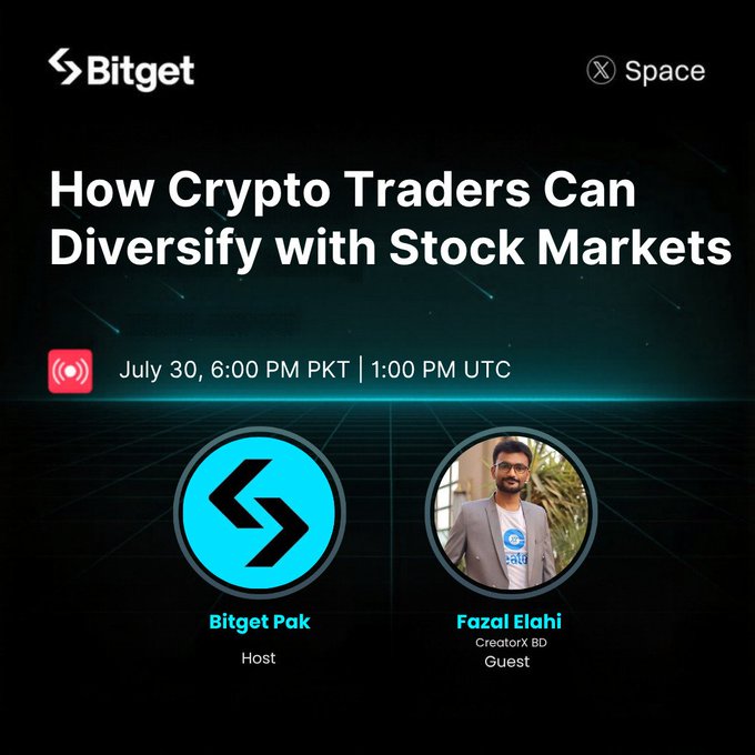 Bitget X Space promotional graphic: "How Crypto Traders Can Diversify with Stock Markets" on July 30, 6:00 PM PKT | 1:00 PM UTC, hosted by Bitget Pak with guest Fazal Elahi (CreatorX BD).