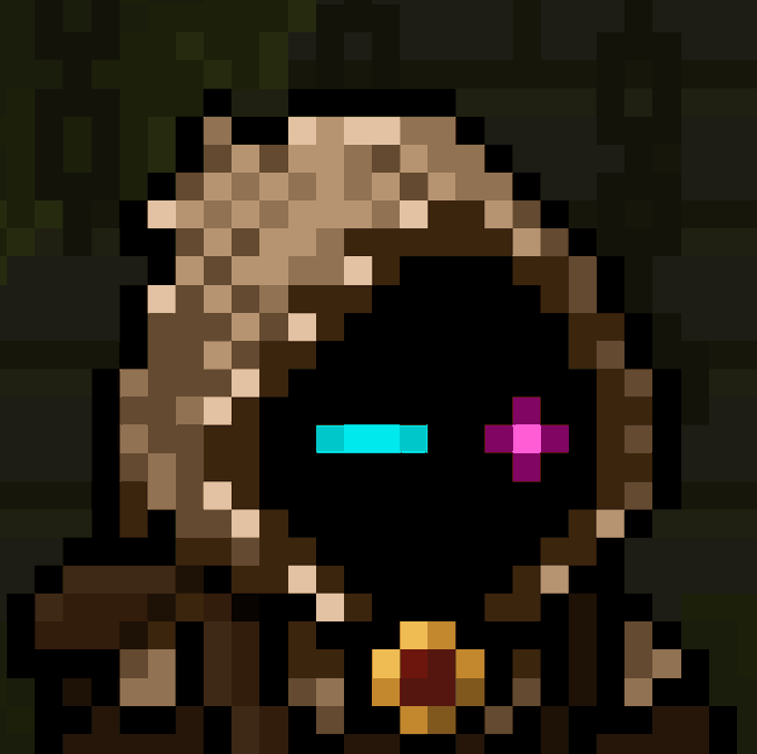 A pixelated portrait of a person with brown hair, depicted with a cyan minus sign and magenta plus sign where their eyes would be.