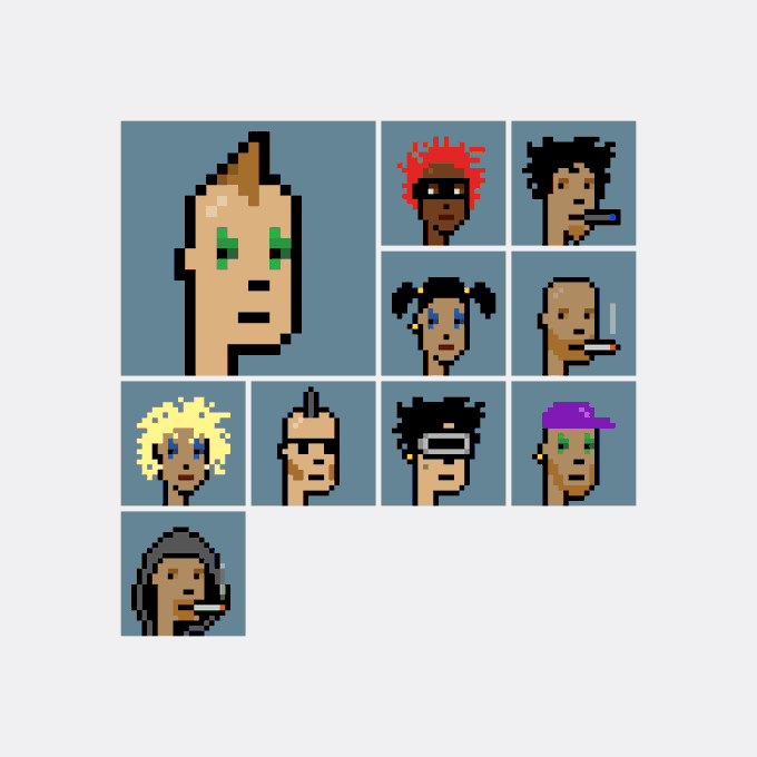 A collection of pixelated character portraits from the CryptoPunks NFT series is displayed, featuring various distinct head designs against gray backgrounds. The image showcases the diverse array of unique punk characters, with the post indicating that CryptoPunk #7635 was acquired by address 0x479a…e3fc for Ξ34 ($60,603).