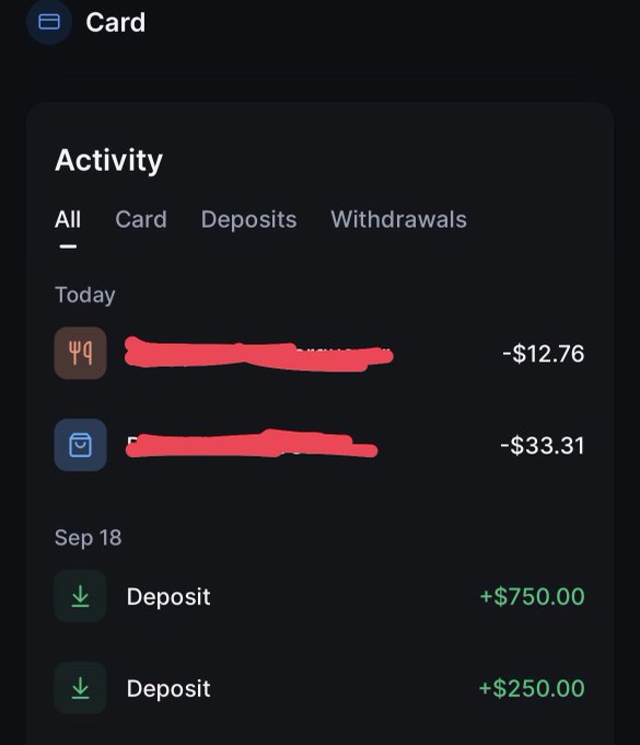 A mobile banking activity screen showing today's transactions including two redacted purchases totaling $46.07, followed by two deposits on Sep 18 for $750.00 and $250.00.