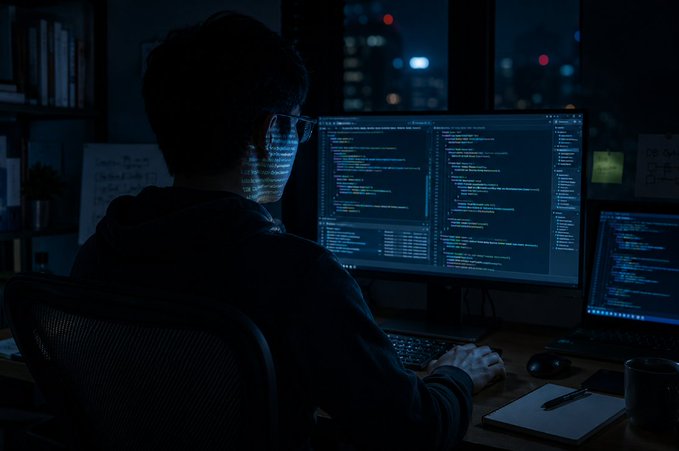 A silhouetted developer works late at night on a multi-monitor coding setup, with lines of code glowing across the screens as he focuses on building or auditing smart contracts.

The image visually captures the "Code is Law" philosophy central to DeFi: a lone developer writing the very algorithms that, once deployed as smart contracts, become immutable law governing users' funds.