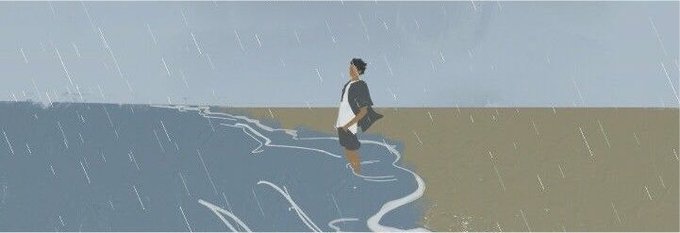 An illustration of a man with a backpack walking in the rain between a dark blue and tan area separated by white flowing lines.