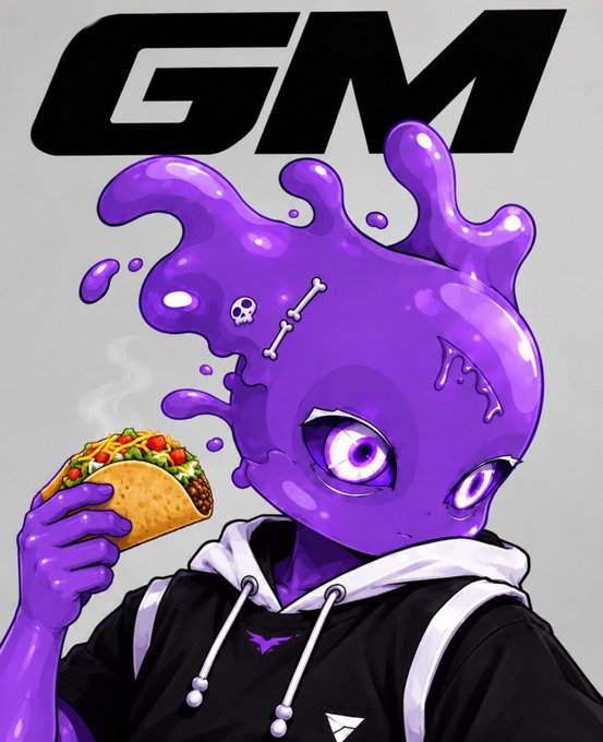 A digital illustration of a purple alien-like character holding a taco, wearing a black hoodie with 'GM' displayed in bold letters above.