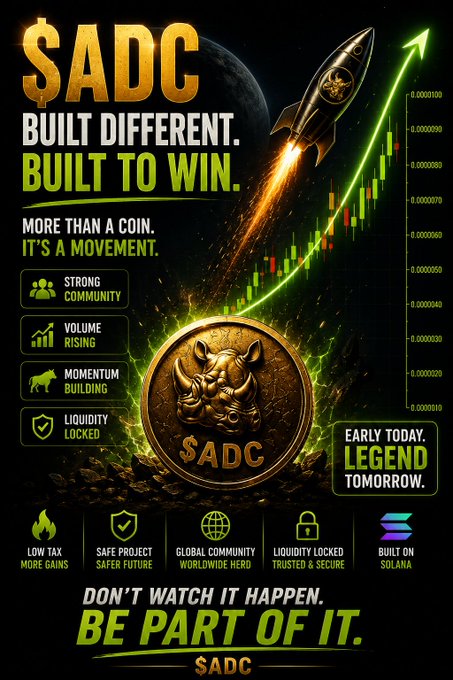 A promotional poster for the $ADC cryptocurrency token with text 'BUILT DIFFERENT. BUILT TO WIN.' and 'MORE THAN A COIN. IT'S A MOVEMENT,' featuring a rocket, a coin with a rhino, and highlights like 'EARLY TODAY. LEGEND TOMORROW.' and 'BUILT ON SOLANA.'