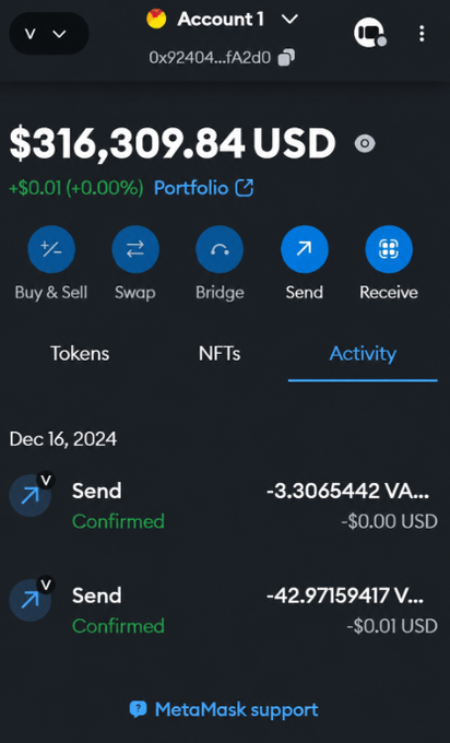 A MetaMask wallet interface showing Account 1 with a balance of $316,309.84 USD, displaying recent Activity tab with two confirmed Send transactions on Dec 16, 2024.