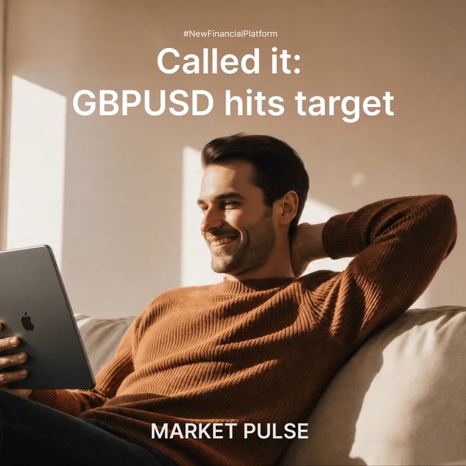 A marketing graphic titled "#NewFinancialPlatform Called it: GBPUSD hits target MARKET PULSE" featuring a smiling man in a brown sweater using a tablet on a couch.