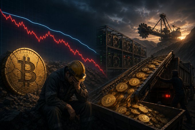 The image features a scene depicting a man sitting next to a large gold bin filled with Bitcoins. Another person can be seen further away in the background. There is also another Bitcoin-related symbol present in the image, which seems out of place or unrelated to the main subject matter. 

The predominant theme of this image revolves around Bitcoin and its mining process, as evidenced by the presence of multiple Bitcoins in various positions within the scene. The post's content discusses the Bitcoin Mining industry and the challenges faced by miners during a prolonged period of Bitcoin trading below the average mining cost for 5 months. This could lead to many miners being underwater due to offloading their Bitcoins at nearly 20% of their value or facing significant financial losses.