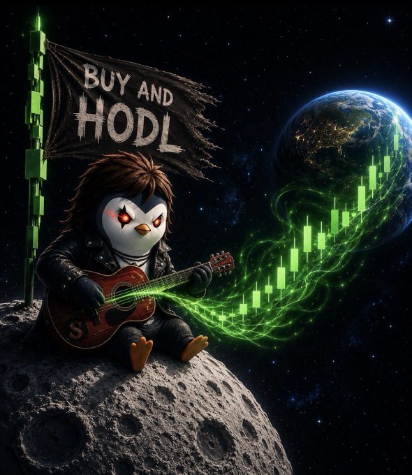 A pixel-art style illustration of a penguin character in a leather jacket playing a guitar on a moon surface, with a green flag reading 'BUY AND HODL' and a glowing green stock chart rising toward Earth in the background.