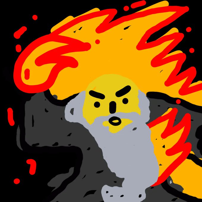 A cartoon wizard with a fierce expression, wild orange hair, a yellow face, and a long gray beard is depicted amid red magical swirls against a black background. This illustration corresponds to "Wizard #229" from the 10,000 Bitcoin Wizards collection, an NFT series released one per day until Bitcoin reaches $1,000,000, with this particular piece curated by @mavensbot.