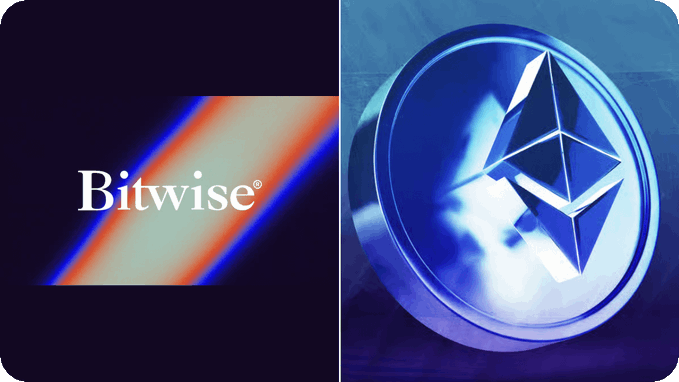 The image features a side-by-side display of two logos: Bitwise on the left, shown in white text against a dark background with a colorful diagonal streak, and the Ethereum logo on the right, depicted as its iconic blue diamond-shaped emblem. The image visually represents Bitwise's commentary on the divergence between Ethereum's strong network fundamentals and its declining market sentiment/price.