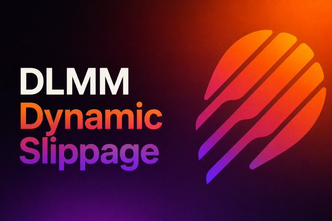 The image features a logo with a stylized design of a sunburst shape against a purple background. Below the sunburst logo, there is text that reads "DLM Dynamic Slippage". The image also includes a caption about dynamic slippage in the context of meme creation and management on social media platforms like Twitter or Instagram.
