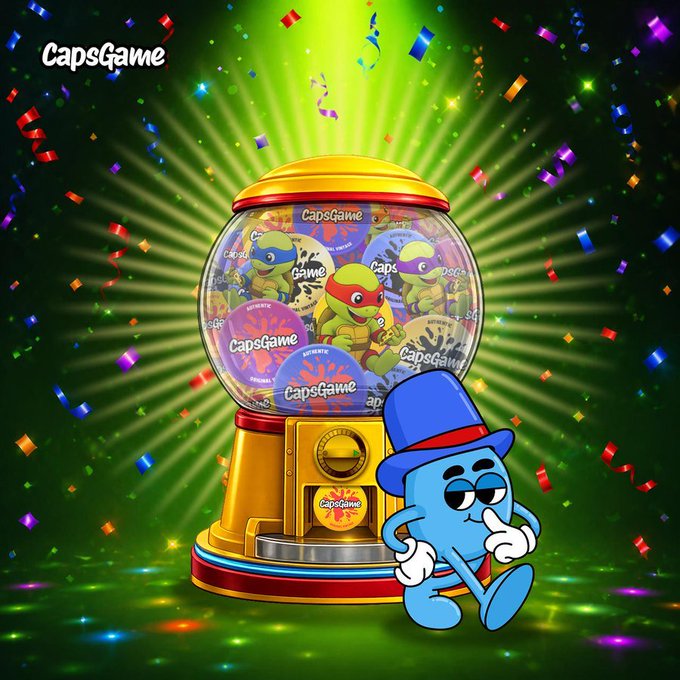 A vibrant gumball machine filled with CapsGame-branded capsules featuring Ninja Turtle-themed NFTs, accented by a blue cartoon mascot in a top hat and confetti, illustrates the launch of Caps of Fortune's limited Lil Ninja trophy promotion offering 3–5% $CG mining buffs for collectors.