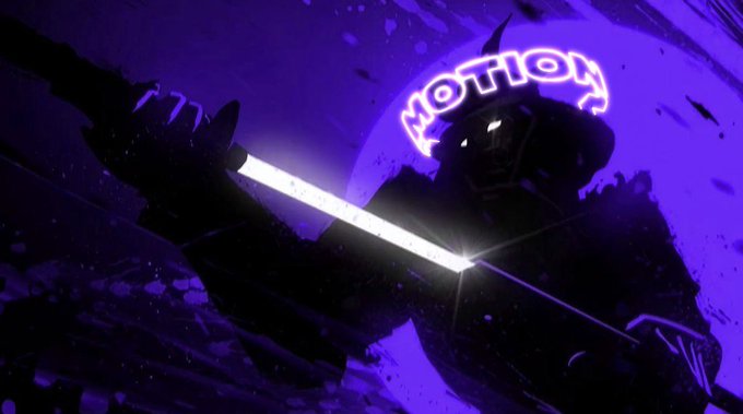 A dark, stylized digital artwork of an armored figure wielding a glowing white sword against a purple background with 'MOTION' in neon text.