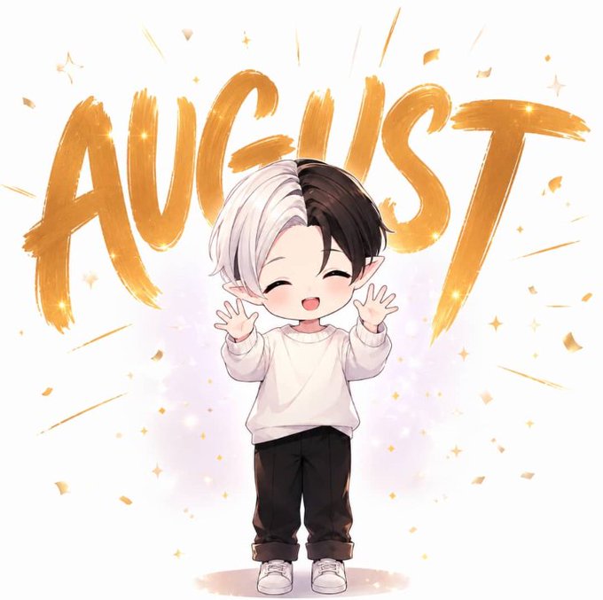 Chibi-style anime character with half-white, half-black hair cheering happily in front of the word "AUGUST" in golden brushstroke letters.