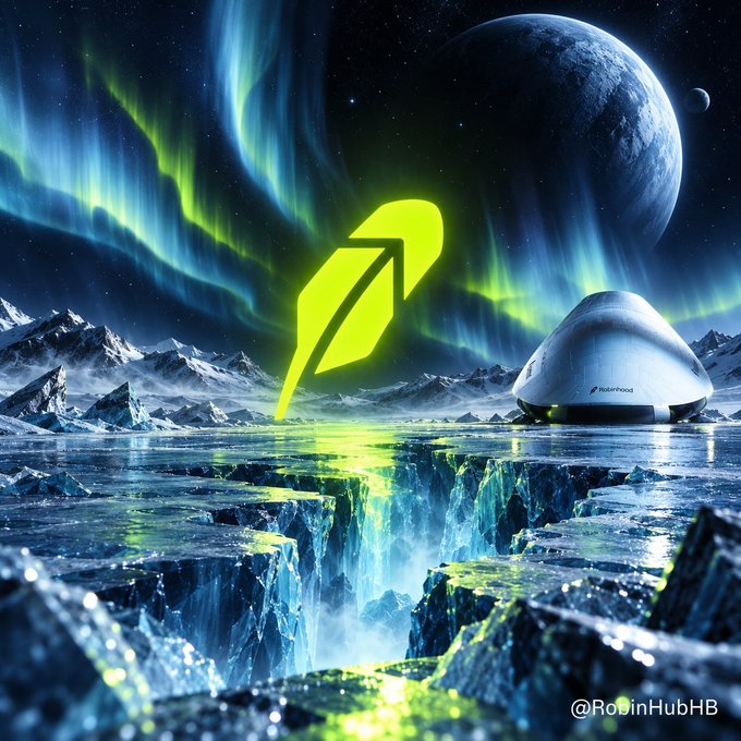 A surreal sci-fi landscape features a glowing green feather emblem over icy terrain with a futuristic pod labeled 'Robinhood' and a planet in the background, watermarked '@RobinHubHB'.