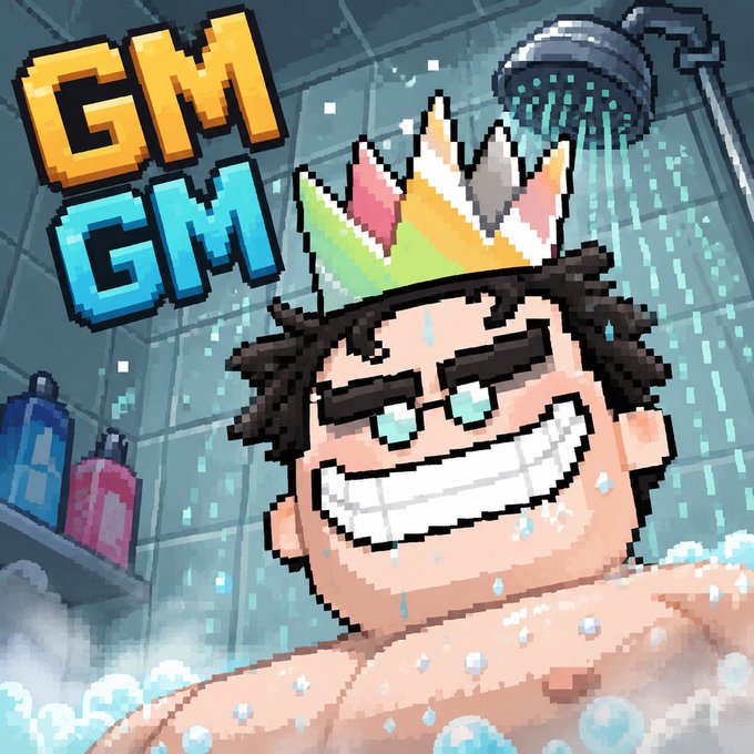 Pixel art illustration of a smiling character wearing a jester hat taking a shower, with the text 'GM GM' in the upper left corner.