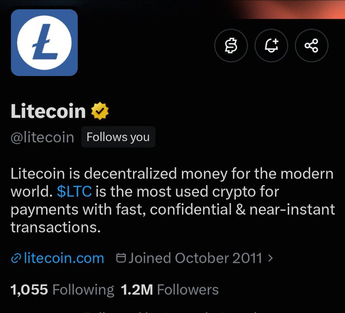 A Twitter/X profile page for Litecoin (@litecoin), a verified account describing $LTC as decentralized money with 1.2M followers, joined in October 2011.