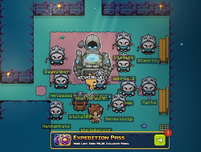 A pixelated dungeon scene shows a group of helmeted knight characters gathered around a glowing "WISHING WELL" with a player character named "NathanKate" standing nearby, while usernames like "Daywalker," "Synaaxe," and "Genesisztp" float above the knights. An "Expedition Pass" banner appears at the bottom promoting "MORE LOOT, EARN VALOR, EXCLUSIVE PERKS," fitting the post's lament about not hitting the jackpot while playing Onchain Heroes.