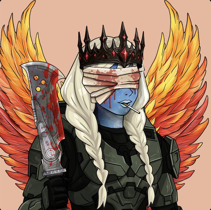 An illustration of a character with blue skin, a black crown, braided white hair, a blindfold, and large orange and yellow wings, holding a bloody mechanical device.