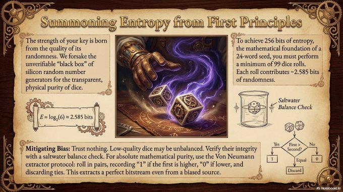 An infographic titled 'Summoning Entropy from First Principles' explaining how to generate 256 bits of entropy using dice rolls, mentioning 'saltwater balance check' and 'Von Neumann extractor protocol'.