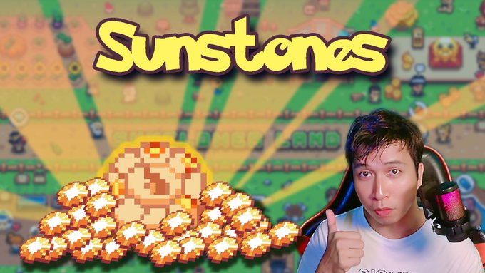A YouTube thumbnail featuring a person giving a thumbs up next to pixel art sun/gold icons from a game with 'Sunstones' written in yellow text.