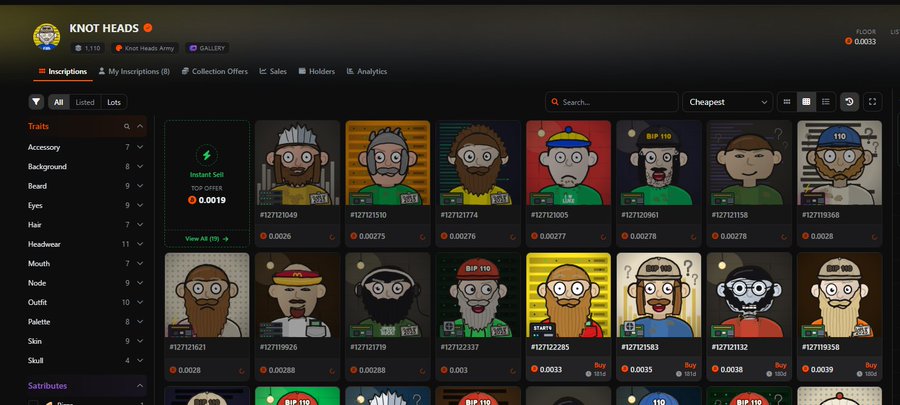 The image shows a screenshot of the "KNOT HEADS" NFT collection page on Magic Eden, displaying various character avatars with different traits and floor prices sorted from cheapest, including a highlighted "Instant Sell" listing at 0.0019 ETH. This aligns with the post about buying over a dozen Knot Heads at 200 units each (likely 0.0020 ETH), with the collection link matching "ord.net/collection/kno" referring to the KnotHeadsArmy collection.
