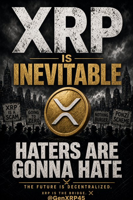A promotional poster reading 'XRP IS INEVITABLE' and 'HATERS ARE GONNA HATE' featuring a gold XRP coin over a cityscape with protesters holding signs labeled 'XRP IS A SCAM', 'GOING TO ZERO', 'NOTHING BURGER', and 'PONZI SCHEME', tagged @GenXRP45.