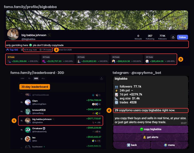 A screenshot of a crypto trading profile on 'fomo.family/profile/bigbabba' shows a 30-day leaderboard where 'big babba johnson' is ranked 15th with +$577,733.87 profit, with a Telegram alert indicating 29 users are copying their trades.