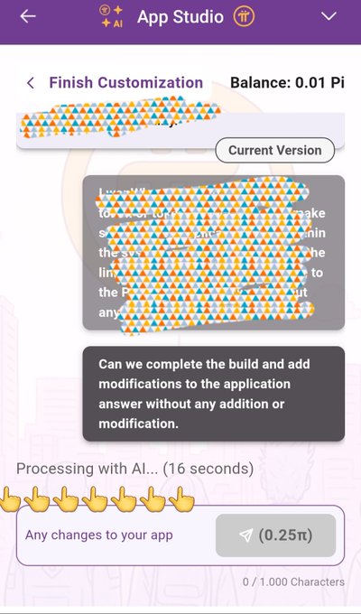 A screenshot of the "App Studio" interface shows a "Finish Customization" screen with a balance of 0.01 Pi, displaying a user message asking to complete the build without modifications while the AI processes for 16 seconds at a cost of 0.25π, illustrating the author successfully accessing and utilizing the Pi Network development platform after its 9-day outage.