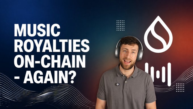 A man wearing headphones stands in front of a gradient background with the text "MUSIC ROYALTIES ON-CHAIN - AGAIN?" alongside icons representing a water drop and audio waveforms. The image directly reinforces the post about a new Sui-based project called Miso, which aims to solve the broken music royalty payment system that currently takes months for musicians to receive their earnings.