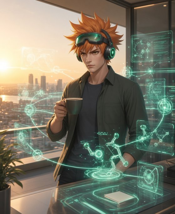 An anime-style digital illustration of a young man with orange hair wearing goggles and headphones, holding a coffee mug while surrounded by glowing teal holographic chemical and molecular diagrams in a high-rise apartment.