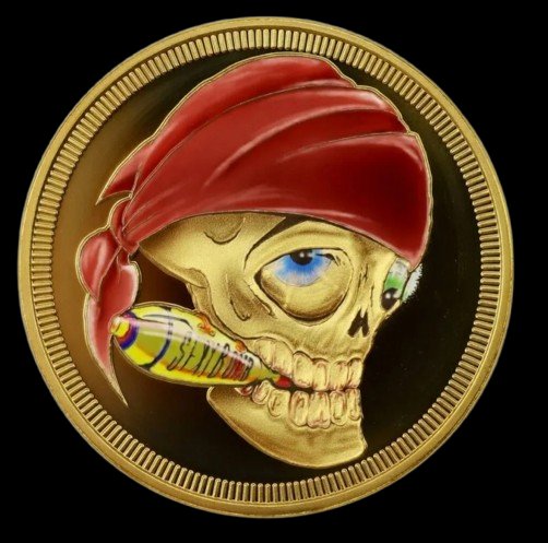 A gold coin features a pirate skull wearing a red bandana, with one blue eye, holding a bottle in its teeth, set against a black background.