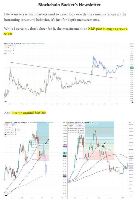 A "Blockchain Backer's Newsletter" snippet displaying technical analysis charts predicting that XRP could fall to around $1.00 and Bitcoin to around $60,000, with the accompanying caption acknowledging these bearish projections came close to reality.