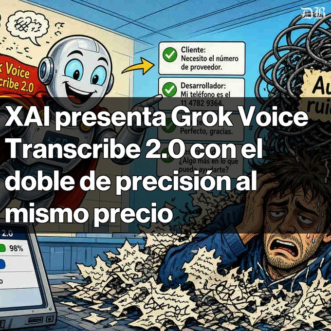 An illustrated graphic announcing 'XAI presenta Grok Voice Transcribe 2.0 con el doble de precisión al mismo precio', showing a smiling robot and a stressed man overwhelmed by papers.