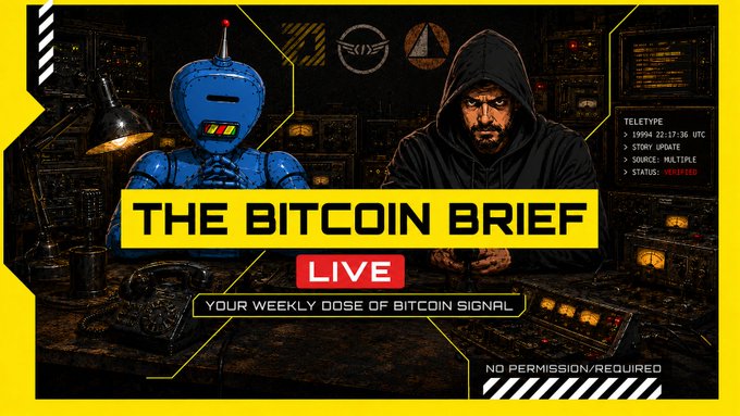 A graphic titled 'THE BITCOIN BRIEF LIVE' styled as a retro spy/tech control room scene with a blue robot and hooded figure, featuring a TELETYPE readout showing the date 19994 22:17:36 UTC, UPDATE status, MULTIPLE source, and VERIFIED status.