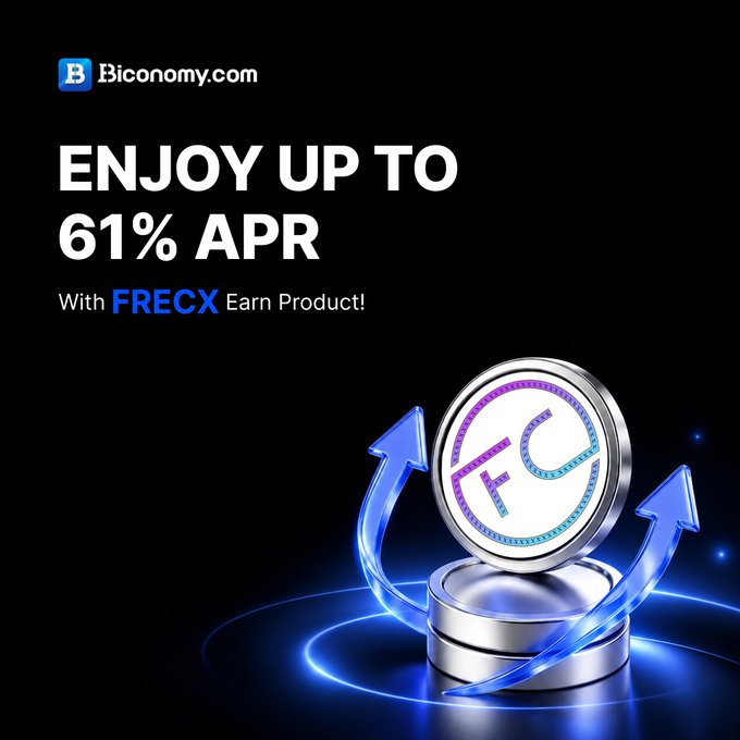 A promotional advertisement for Biconomy.com displaying 'ENJOY UP TO 61% APR With FRECX Earn Product!' alongside a 3D illustration of a glowing FRECX coin surrounded by blue upward arrows on a black background.
