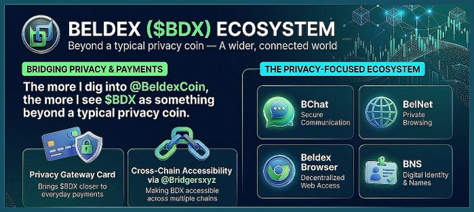 A promotional infographic for the "BELDEX ($BDX) ECOSYSTEM," describing it as "Beyond a typical privacy coin — A wider, connected world," featuring components like BChat, BelNet, Beldex Browser, BNS, Privacy Gateway Card, and Cross-Chain Accessibility.