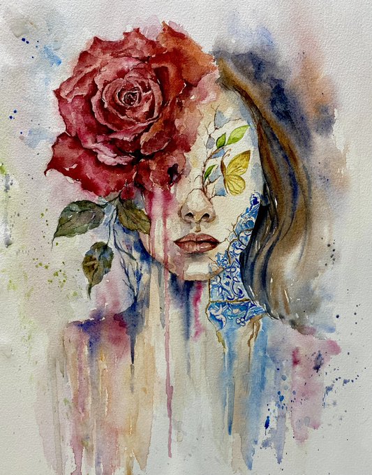 A watercolor painting of a woman's face partially obscured by a large red rose, featuring delicate facial features, flowing hair, and dripping paint effects in blue and red hues.