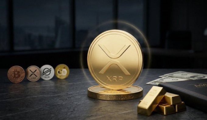 A glowing XRP coin dominates the center, flanked by smaller Bitcoin, XRP, XLM, and Doge tokens, gold bars, and U.S. dollar bills—all representing the "critical choice" of where to invest $10,000.