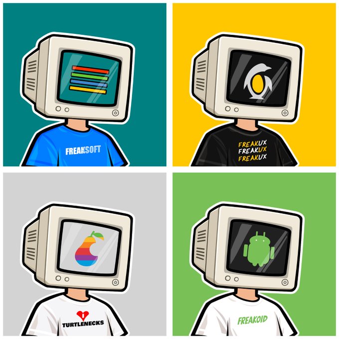 Four cartoon characters with computer monitor heads display different operating systems on their screens: a FreeBSD-themed figure with colorful stripes on a teal background wearing a "FREAKSOFT" shirt, a Linux Mint-style figure with the refresh icon on a yellow background wearing a "FREAKUX" shirt, a colorful Apple-style figure on a gray background wearing a "TURTLENECKS" shirt, and an Android-themed figure with the green robot mascot on a green background wearing a "FREAKOID" shirt, representing the limited 100-piece "Computer Heads" NFT collection where each piece features a unique OS screen.