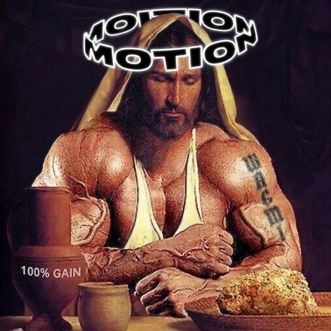 This image is a humorous "soyjak vs Chad" style meme featuring a hyper-muscular depiction of Jesus at the Last Supper, with the band logo "MOLTON MOTION" overlaid at the top and text reading "100% GAIN" near a goblet. The exaggerated muscular Jesus embodies the "Chad" archetype mocking indecisive traders, perfectly aligning with the post's advice to hold strong convictions when buying new trading pairs rather than being a "jeet" (someone who paperhands or flips impulsively).